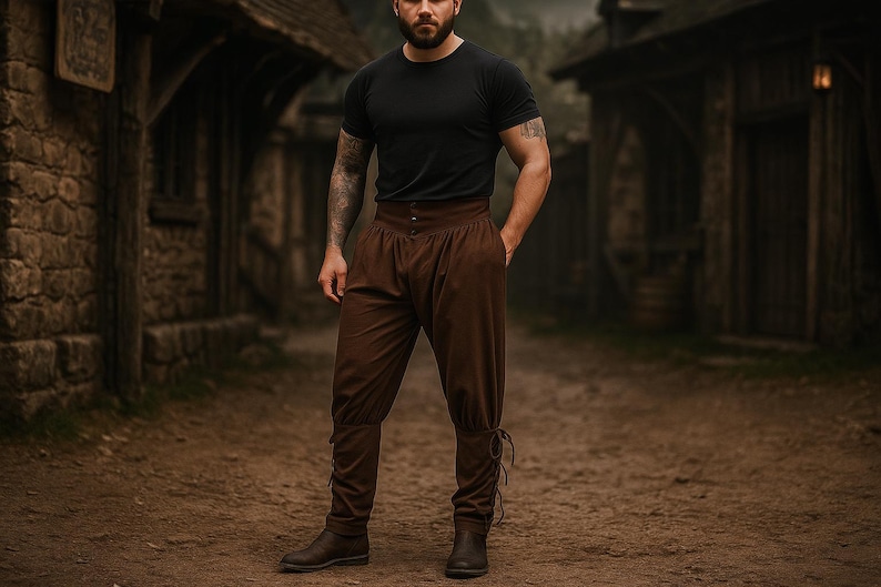 K&ouml;nnte beinhalten: Eine Person tr&auml;gt ein schwarzes T-Shirt und eine braune Hose mit hohem Bund und Knopfverschluss. Die Hose hat eine lockere Passform und ist an den Kn&ouml;cheln gebunden. Die Person tr&auml;gt braune Stiefel. Der Hintergrund ist ein mittelalterliches Dorf.