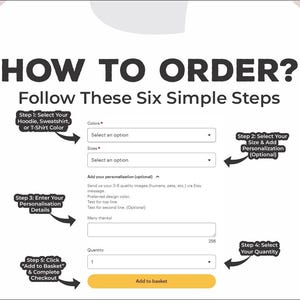 May include: A white graphic with the text "HOW TO ORDER? Follow These Six Simple Steps." The graphic includes instructions for selecting color, size, personalization, quantity, and adding to the basket.