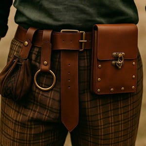 Medieval Leather Belt Bag, Renaissance Steampunk Waist Bag, Rain Fair Hip Belt Bag Set