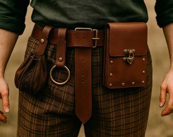 Medieval PU Leather Belt Bag, Rain Faire Hip Belt Bag Set, Renaissance Steampunk Waist Bag, Fantasy Roleplay Accessory, Viking Costume Set