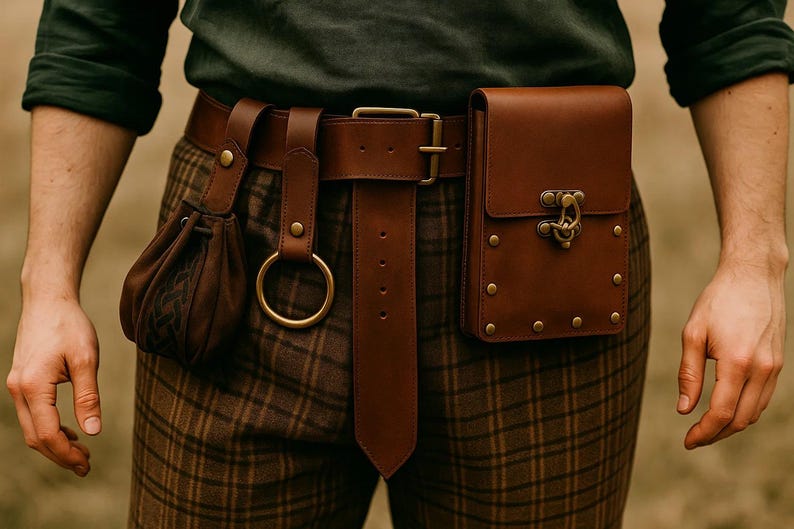 Medieval Leather Belt Bag, Renaissance Steampunk Waist Bag, Rain Fair Hip Belt Bag Set