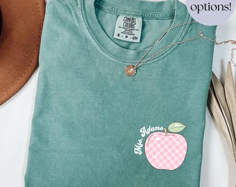 Custom Teacher Name Shirt, Comfort Colors Teacher T-Shirt, Checkered Apple Graphic Tee, Personalized Teacher Gift, Back to School Tshirt