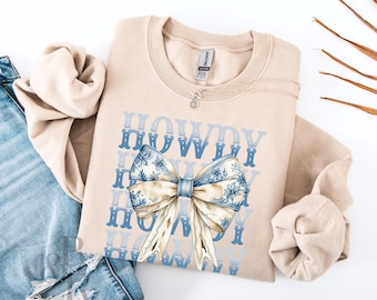 Felpa con fiocco Western Howdy, maglione country da cowgirl Coquette, camicia western da ragazza, felpa da cowboy western selvaggio, estetica carina da Coquette