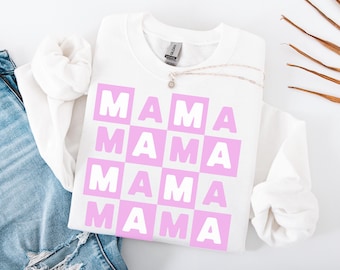 Mama Checkered Sweatshirt | Cozy Mom Crewneck, Gift for Mom, Casual Wear for Moms, Pink Momma Pullover, Trendy Mother's Day Gifts