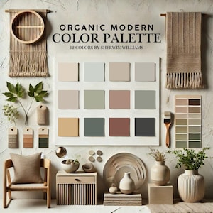 Organische moderne Hausfarbpalette, Sherwin Williams 2025, Farbschema für das ganze Haus, trendiges Innenfarbendesign, organische moderne Ästhetik