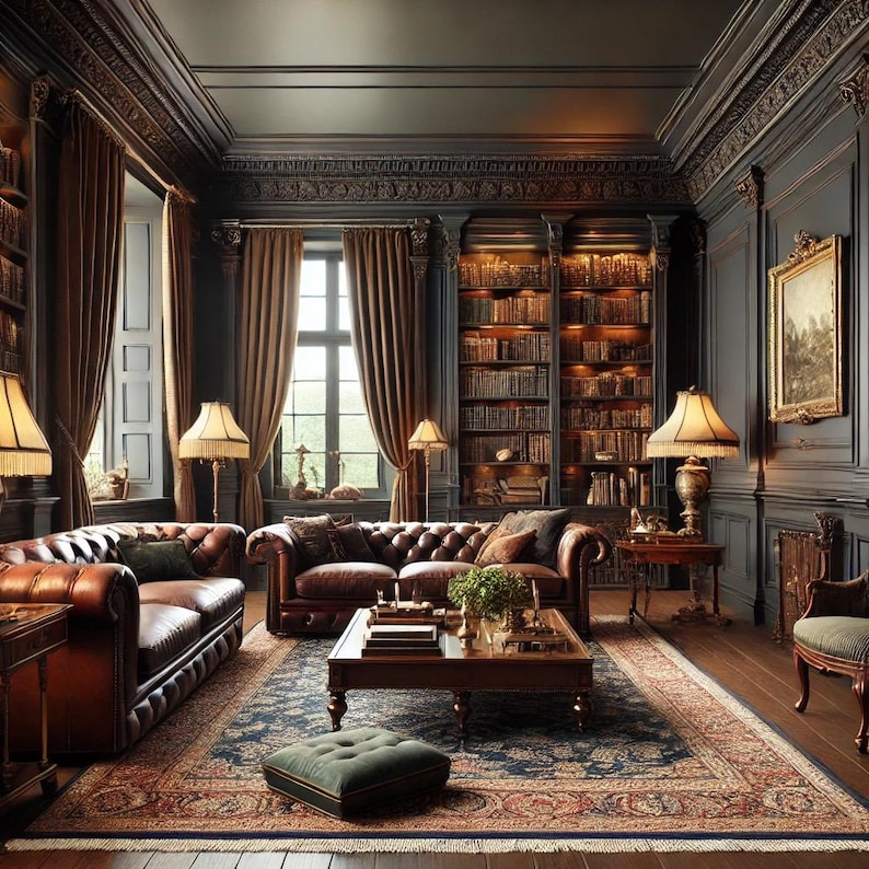May include: A dark wood library with a large bookcase filled with books, two leather sofas, a coffee table, and a rug. The room has a dark, elegant feel.