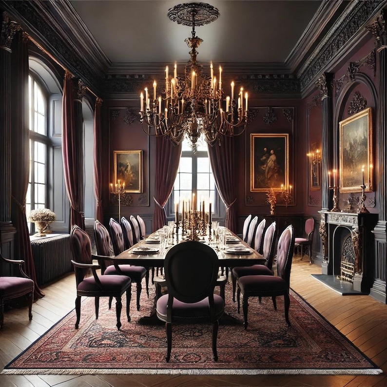 May include: A dark, formal dining room with a large, ornate chandelier hanging above a long, wooden table set with chairs. The room features dark walls, burgundy curtains, and a fireplace.