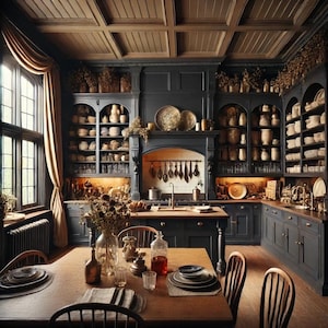 May include: A dark wood kitchen with black cabinets and open shelving filled with dishes and glassware. A large window with a brown curtain is on the left side of the image. A dining table with chairs is set in the centre of the room.