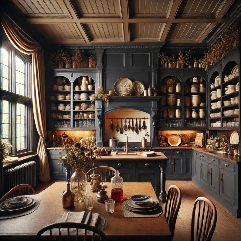 May include: A dark wood kitchen with black cabinets and open shelving filled with dishes and glassware. A large window with a brown curtain is on the left side of the image. A dining table with chairs is set in the centre of the room.