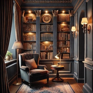 May include: A dark wood bookcase with glass doors and shelves filled with books. The bookcase is in a room with dark walls and a plush armchair. There are two lamps on either side of the bookcase.