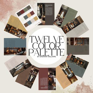May include: A colour palette featuring 12 different shades of brown, grey, green, and beige. The palette is titled "Twelve Colour Palette by Sherwin-Williams".