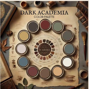 May include: A colour palette with the title "Dark Academia Colour Palette" featuring 12 paint cans in various shades of brown, grey, beige, and white. The paint cans are arranged in a circle around a smaller colour wheel.
