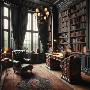 May include: A dark wood desk with a leather chair in a library with floor-to-ceiling bookshelves. The desk has a dark wood finish and a leather top. The chair is a dark brown leather armchair with a tufted back. The bookshelves are filled with books and are lined with dark wood trim.