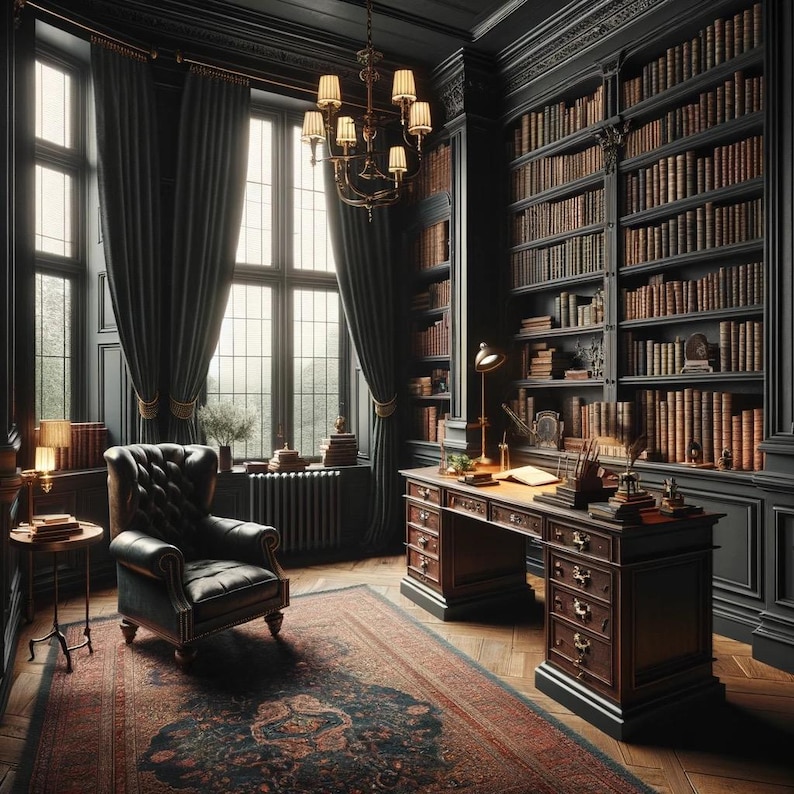 May include: A dark wood desk with a leather chair in a library with floor-to-ceiling bookshelves. The desk has a dark wood finish and a leather top. The chair is a dark brown leather armchair with a tufted back. The bookshelves are filled with books and are lined with dark wood trim.
