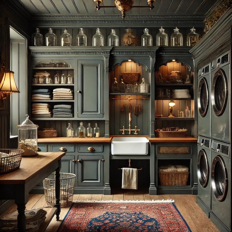 May include: A vintage-style laundry room with dark green cabinets, a white porcelain sink, and a set of stacked black washing machines. The room features a wooden countertop, a patterned rug, and various decorative items.