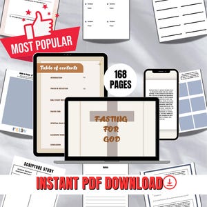 May include: A digital download product featuring the text "Fasting for God" on a laptop screen. The image includes a tablet and phone displaying content, worksheets, and the text "Instant PDF Download". The product is labelled "Most Popular".