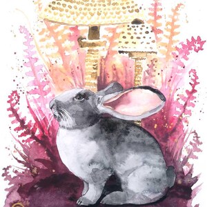 カラフルなオリジナル水彩画、キノコのある森の中の巨大な灰色のウサギ - 森の動物アート - 「ミスター・バニントン」