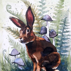 Wald Hase Original Aquarell Gemälde - Waldtier Kunst - Wunderland Kunstwerk - Braunes Kaninchen im Wald mit Farnen und Pilzen