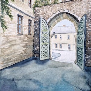 Castle Gate Original Watercolor Painting, Old Walls romantic Architecture, classic calm harmony Artwork