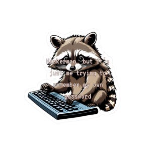 Könnte beinhalten: Ein Cartoon-Waschbär in einem schwarzen Shirt tippt auf eine alte Computer-Tastatur. Der Text "Hackerman...but it's just me trying to remember my own password" ist in Pink auf dem Bild geschrieben.