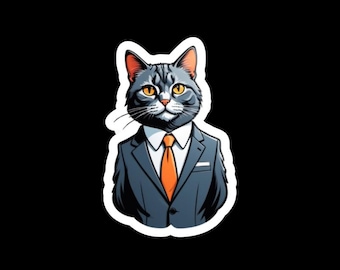Pegatina divertida, calcomanía de vinilo / Gato de negocios con cara inexpresiva: humor corporativo, vida de oficina, calcomanía para computadora portátil y botella de agua
