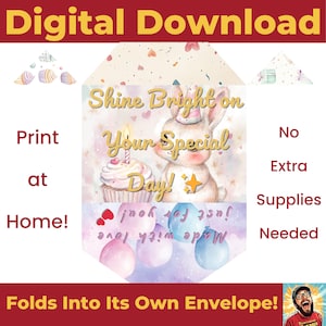 Printable Birthday Card for Girls - Cute Bunny Birthday Card - Instant Download Digital Kids Birthday Card - DIY Kawaii Birthday Card 25BC1