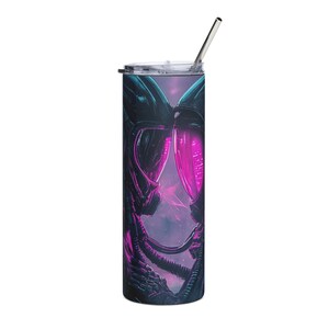 May include: A stainless steel tumbler featuring a black and pink graphic of two figures wearing helmets with glowing pink lights. The tumbler has a lid and a straw.