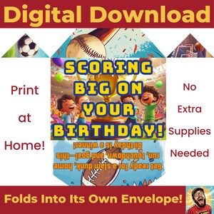 May include: A printable birthday card featuring a cartoon illustration of children celebrating with sports-themed imagery. The card says "Scoring Big On Your Birthday!" and includes the text "Print at Home!" and "No Extra Supplies Needed". The card folds into its own envelope.