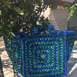 Ready to Ship, Handmade Bag,Multicolored Crochet Beach and Pool Bag, Granny Square Raffia Tote, Bohem Dokuma Omuz Çantası, Bohem El Yapımı