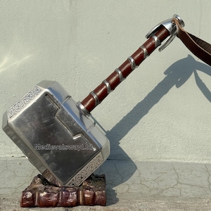 Thor’s Hammer Mjolnir | Metal Thor’s Hammer Authentic Hammer With Engraved Design & Leather Wrapped Handle | Hammer With Base