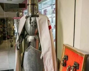 Traje de armadura de cuerpo completo de caballero templario / Traje de armadura de cruzado medieval usable / Traje de cruzado medieval para recreaciones y cosplay