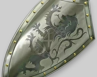 May include: A silver shield with a black lion etched into the surface. The shield is decorated with gold rivets around the edge.