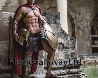 Greek Spartan 300 Cosplay Costume | Spartan Warrior Battle Cosplay Costume | Spartan Helmet, Cloak, Shield, Skirt, Arm Guard And Leg Guard