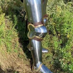 May include: Polished metal leg armor with brass accents and leather straps. The armor is highly reflective, with visible rivets and a curved knee joint. The leg armor is set against a backdrop of green foliage and brown grass.