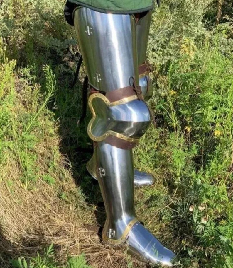 May include: Polished metal leg armor with brass accents and leather straps. The armor is highly reflective, with visible rivets and a curved knee joint. The leg armor is set against a backdrop of green foliage and brown grass.