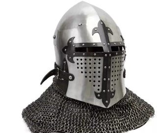 LARP Guardian Helmet – Blackened Cross Combat Bascinet Armored Battle Helmet | King Cross Armor Helmet With Chainmail