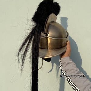 May include: A bronze-colored helmet with a black horsehair plume. The helmet has a rounded top and a curved brim. The plume is long and flowing, and it is attached to the top of the helmet.