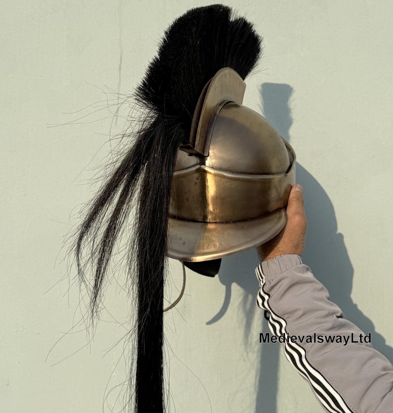 May include: A bronze-colored helmet with a black horsehair plume. The helmet has a rounded top and a curved brim. The plume is long and flowing, and it is attached to the top of the helmet.
