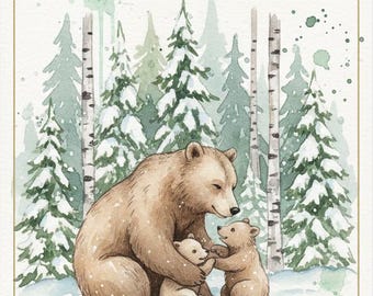 Aquarell Wald Weihnachtskarte, Winter Bären Familie(Digitaler Download)