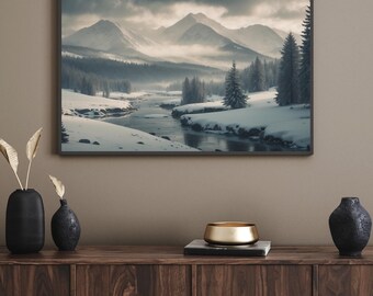 Digital Download Snowy Alpine Mountain – Printable Winter Landscape Wall Art