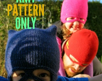 Multi-Size Knit Superhero Hat Pattern - Adult, Teen, Toddler  -  Knit Pattern Only - Cat Hat - Burglar Hat - Masked Superhero Costume