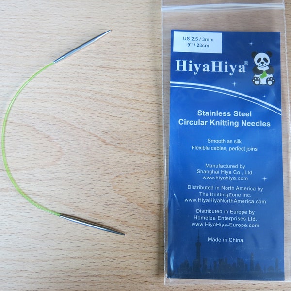Aiguille à tricoter circulaire en acier inoxydable HiyaHiya 9" / cadeau de tricoteurs / tricot de chaussettes / pointe courte / câble flexible / tricot à boucle magique fixe