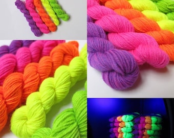 Choufunga / UV Reactive Heels & Toes Mini Skein Pack / hand dyed superwash merino wool sock miniskeins / minis black light yarn fluorescent