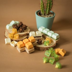 May include: Assortment of colorful keycaps for mechanical keyboards, including green, white, orange, and brown keycaps. The keycaps are arranged on wooden coasters and a small cactus plant is in the background.