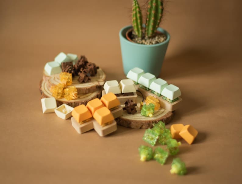 May include: Assortment of colorful keycaps for mechanical keyboards, including green, white, orange, and brown keycaps. The keycaps are arranged on wooden coasters and a small cactus plant is in the background.