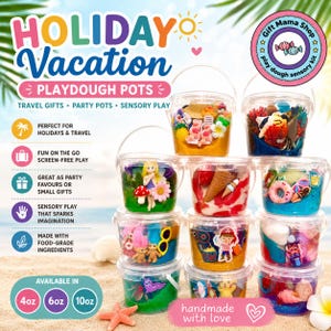 Sommerlicher Knettopf mit Henkel | Sensorische Aktivität Kit | Reisespielset | Kreatives Geschenk | Abspielen für unterwegs | 11 Themen | Handgemachte Knetmasse