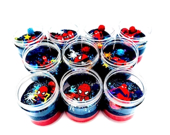 Superhjälte Web-Crawler Playdough-burk | 115 g röd och blå glitterdoftande deg | Spindelsensorikit | Livsmedelsgodkänd | Barnpresent eller festgåvor