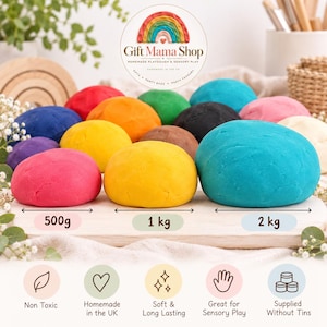 May include: A collection of colourful playdough balls in shades of pink, yellow, turquoise, orange, red, green, black, brown, purple, and white. The image includes text labels indicating weights of 500g, 1kg, and 2kg, alongside icons for non-toxic, homemade, soft, sensory, and tin-free features.