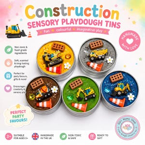 May include: Five round metal tins filled with colorful playdough, each featuring miniature construction vehicles, plastic bricks, traffic cones, and small decorative flowers. The text reads Construction Sensory Playdough Tins, Handmade With Love, and Perfect Party Favours.