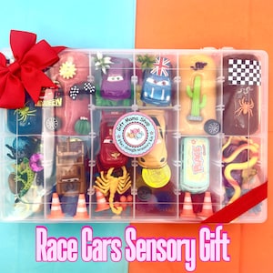 May include: A clear plastic container filled with colorful play dough and toy cars, insects, and other small objects. A large red bow adorns the top left corner. The text "Race Cars Sensory Gift" is displayed at the bottom.